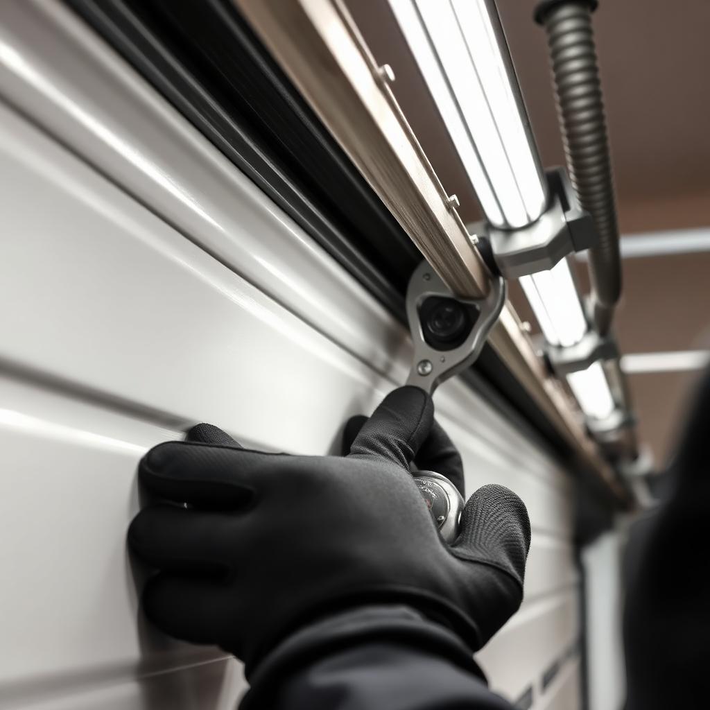 Technician repairing garage door track in Minerva Ohio